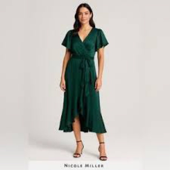 Nicole Miller Dresses & Skirts - Nicole Miller Satin Emerald Wrap Dress Flutter Sleeve Ruffle wedding guest